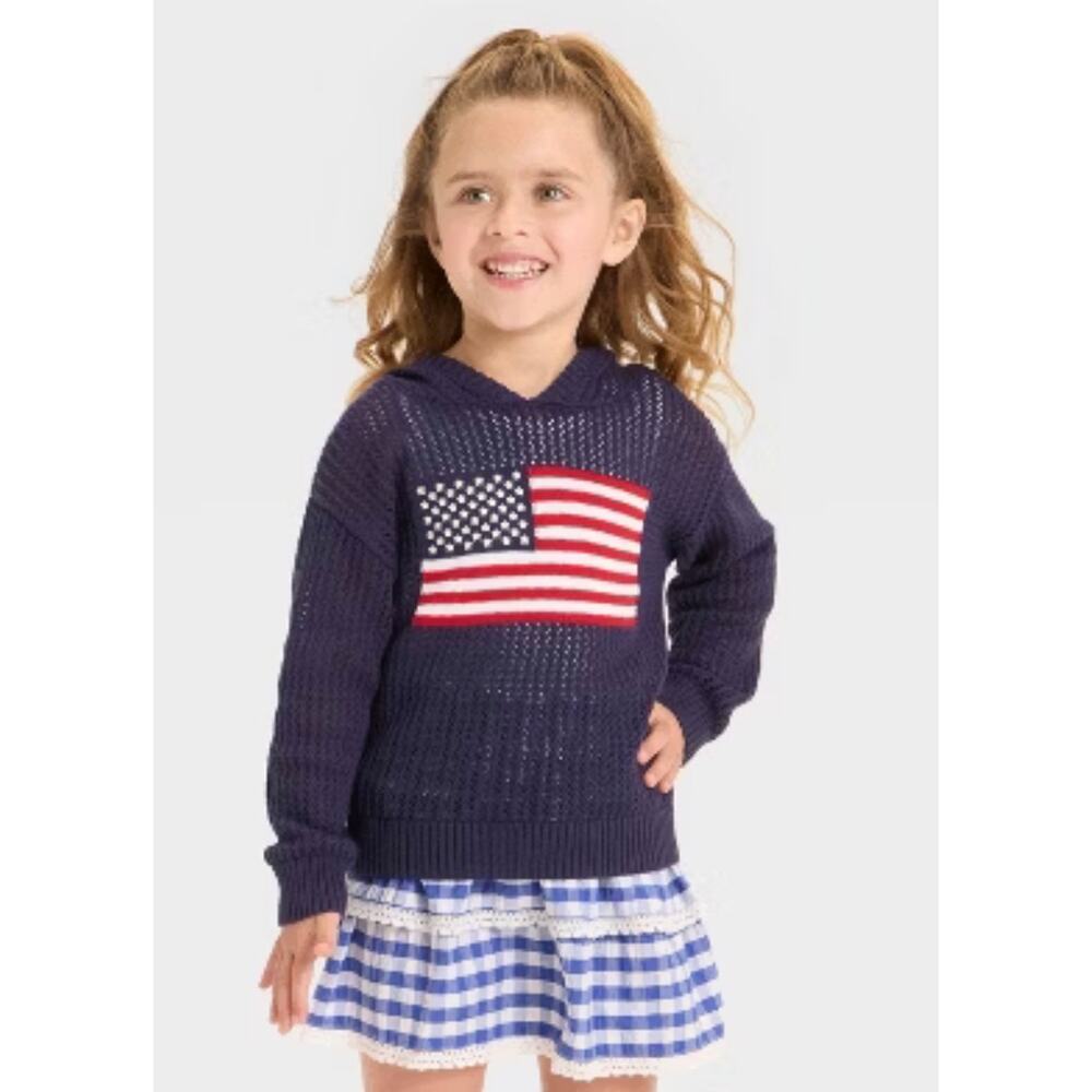 Cat & Jack American Flag Hoodie Sweater Girls 6/7 Navy NWOT